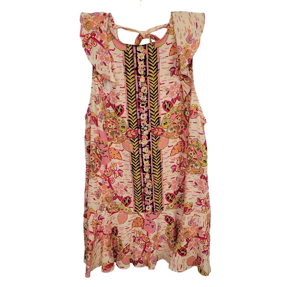 Free People NWT Size L Dress Mini Linen Blend Floral Keyhole Back Pullover Pink - Picture 2 of 13